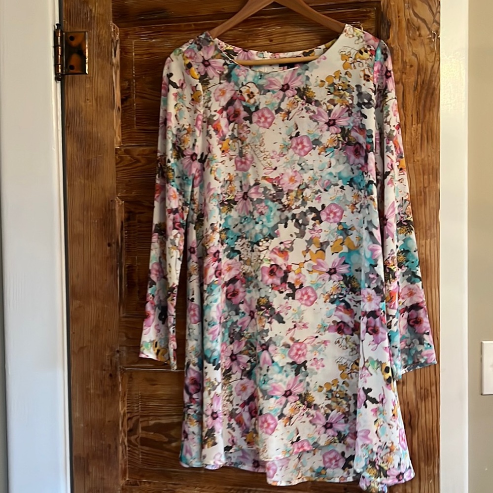 Tildon Floral Mini Dress. Size S. Multi-colored floral design, white background.